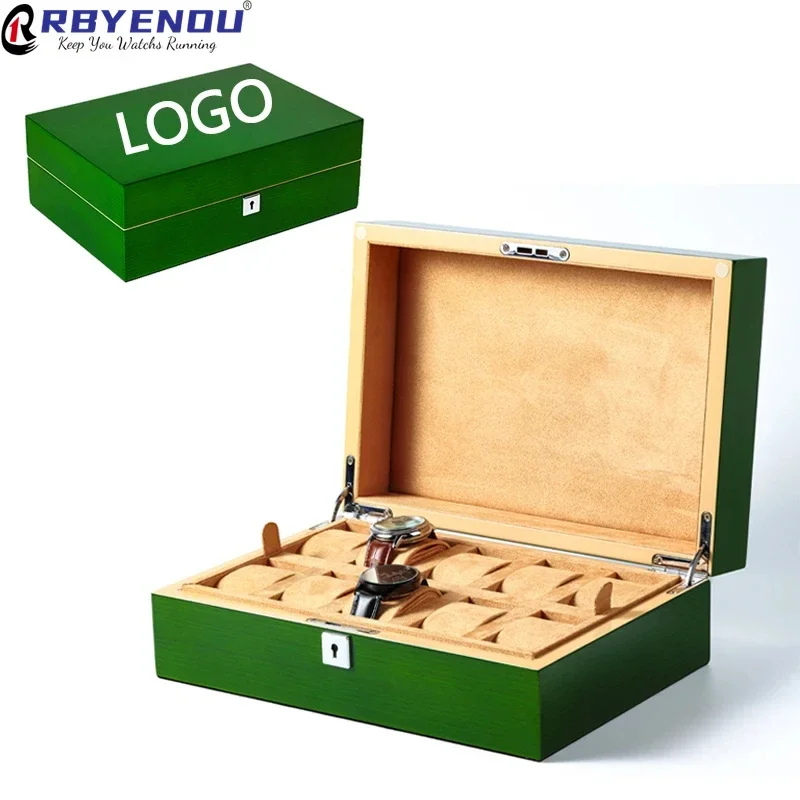 Hochwertige Aufbewahrungsbox für Uhren, 10 Fächer, grüne Aufbewahrungsbox für Uhren, Schmuck, Sammelbox, luxuriöse Verpackungsbox, individuelles Logo