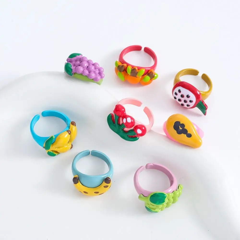 Fashion Korean Resin Fruit Ring Papaya Grape Cherry Ring Pitaya Cartoon Banana Finger Ring Overlay