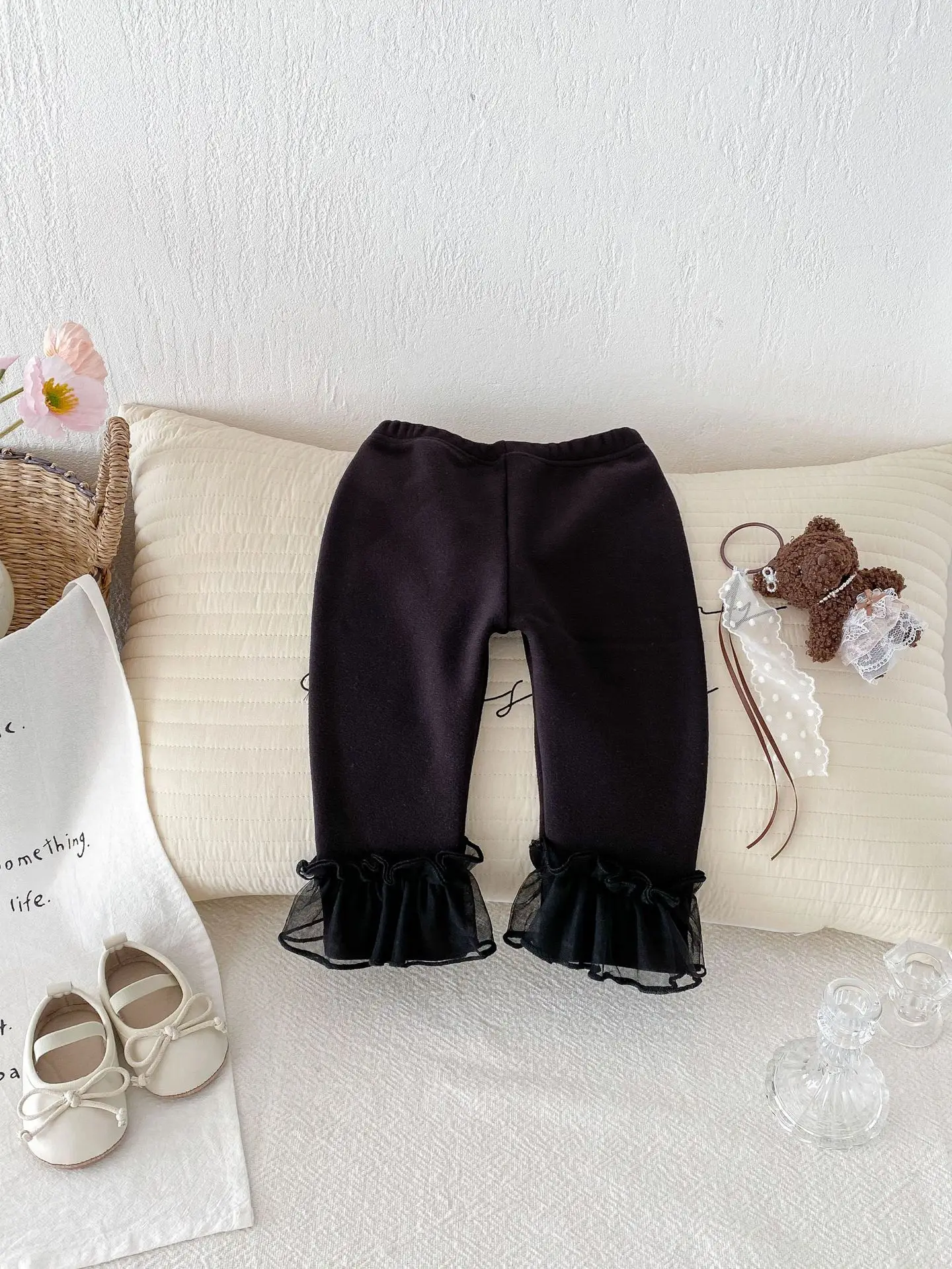 2024 Winter New Baby Girls Plus Velvet Thick Leggings Solid Girls Cute Lace Warm Pants Infant Fleece Trousers Toddler Clothes