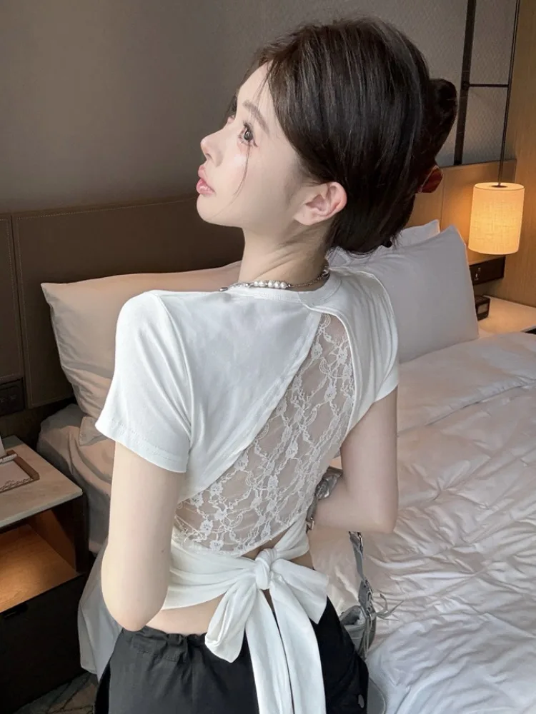 

Lace Splice Back Hollow out Knot Short Sleeve Women's T-Shirt Summer Base Shirt with Shoulder Pad Design Korean Sty...