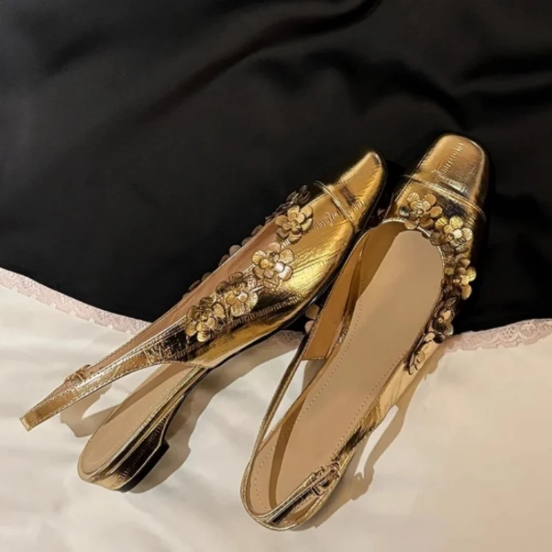 

2025 Spring New Women's Single Shoes Genuine Leather French Silver Flower Wrap Toe Back Strap Low Heel Dress Party Women Sandals