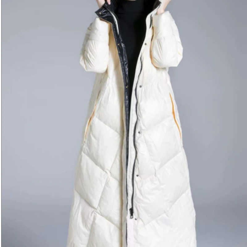 Casaco puffer com capuz feminino, parka longa solta, jaqueta casual quente, outwears engrossados na moda, jaquetas de inverno, novo, 2024