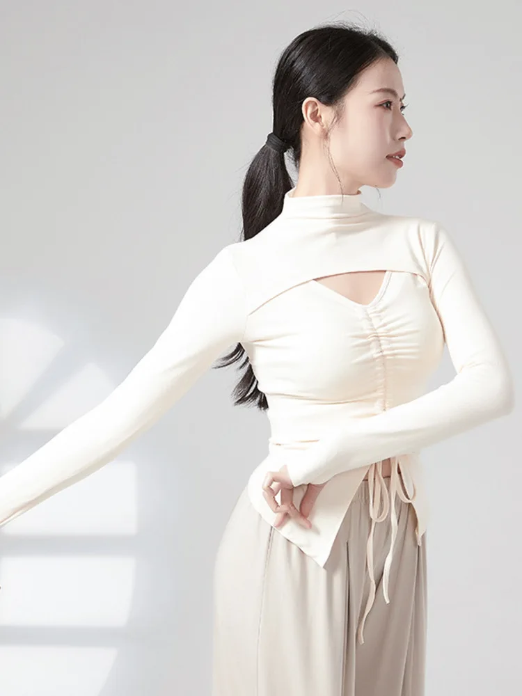 Top de manga larga ajustado con cuello alto y cordón de color liso para mujer – Ropa de actuación de danza clásica