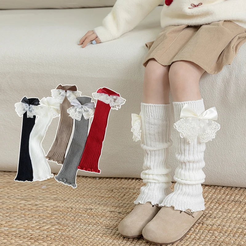 Lovely Girls Ruffled Cuff Socks Lovely Solid‑Color Design Delicate Embroidered Lace Bownot Decor Breathable Stretch Sock Covers