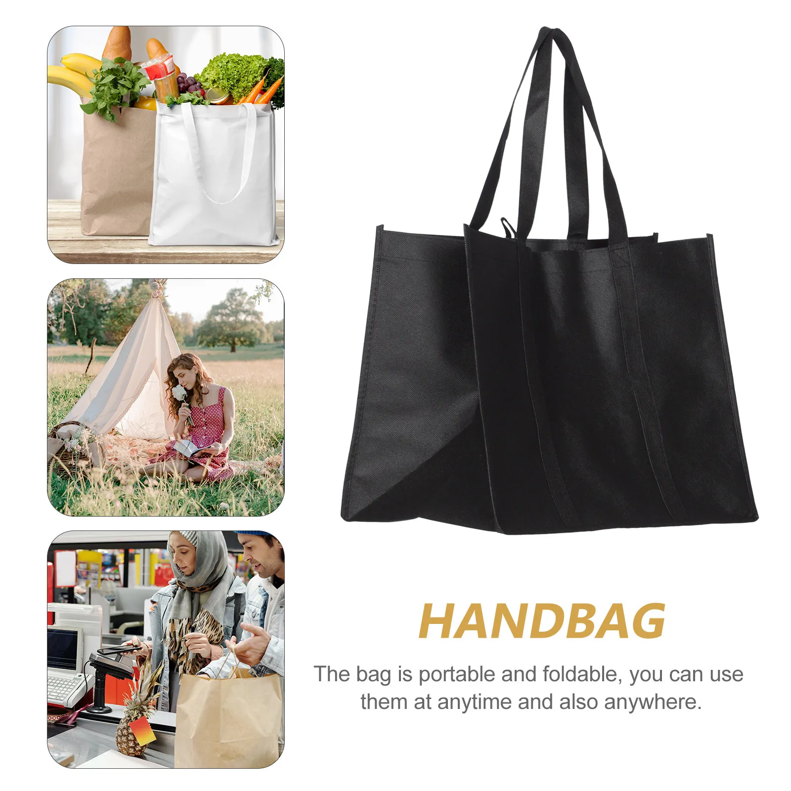 5pcs Black Grocery Shopping Bags Reusable 41x26x33cm Large Picnic Bag Capacity Picnic Camping Portable Storage