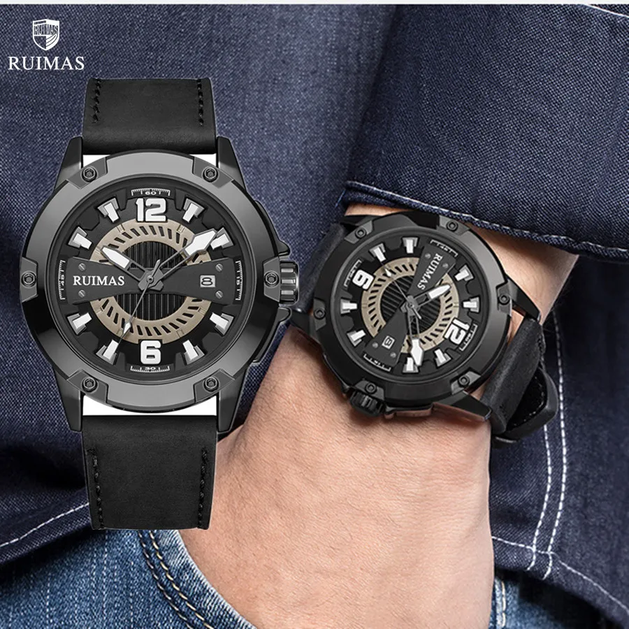 

RUIMAS Luxury Men Watches Leather Strap Sport Casual Wristwatches Waterproof Luminous Date Clock Big Dial Montre Homme