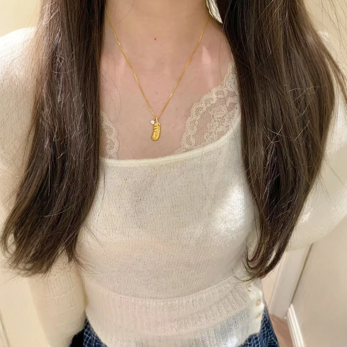 9999 gold texture golden brushed feather high-end luxury small-scale vintage sweater necklace sweater chain