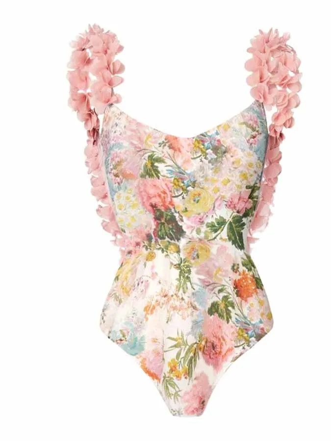 French Three-Dimensional Lace Suspender Women's One-Piece Bikini And Covered Pink Floral Gentle Fashion Bikini Beach Resort Dres