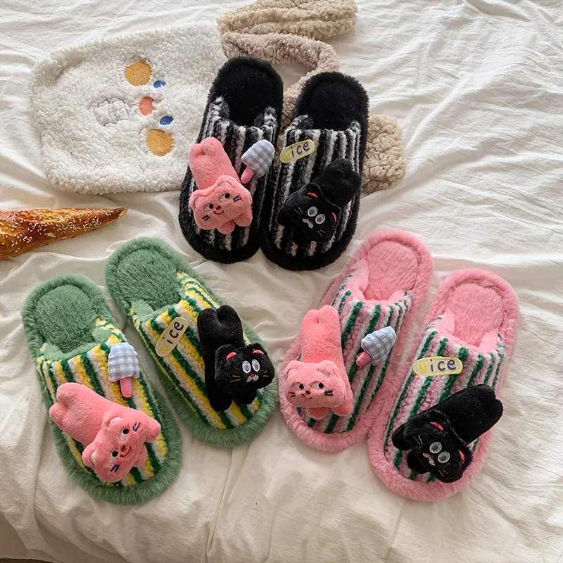 Super popular velo dos desenhos animados gato decoração outono-inverno antiderrapante casa senhoras interior ao ar livre chinelos macios felpudos