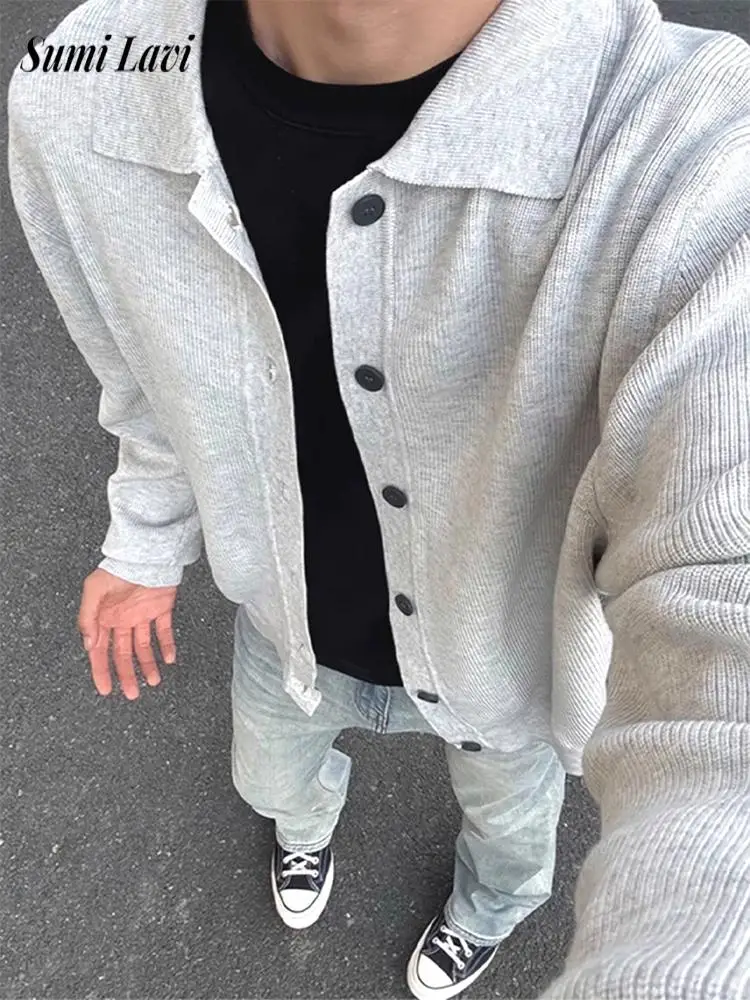 Vintage Daily Casual Men Striped Texture Knitted Cardigan Turn-down Collar Button Fashion Solid Color Warm Autumn Outerwear Men
