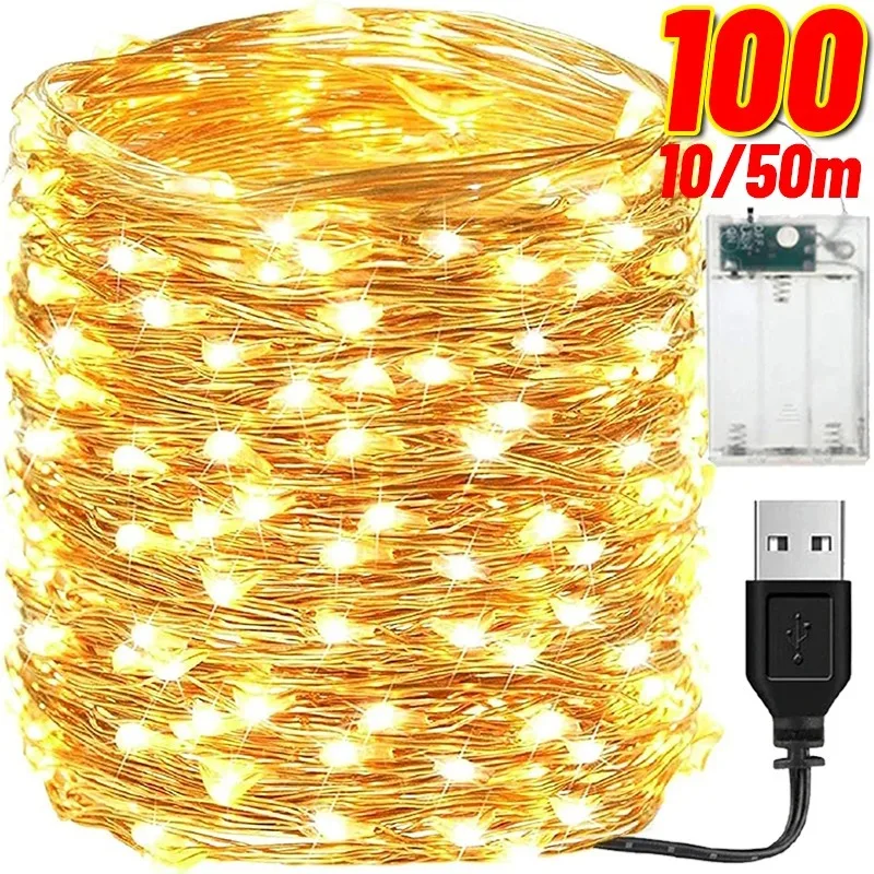 Guirnalda de luces LED con USB/batería de 100/2M, guirnalda de alambre de cobre resistente al agua, cuerdas de iluminación de hadas, lámparas decorativas para fiesta de boda y Navidad