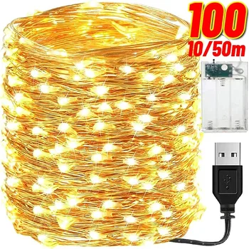 100/2M USB/bateria łańcuchy świetlne LED wodoodporny drut miedziany Garland bajkowe struny oświetleniowe świąteczne dekoracje weselne lampy