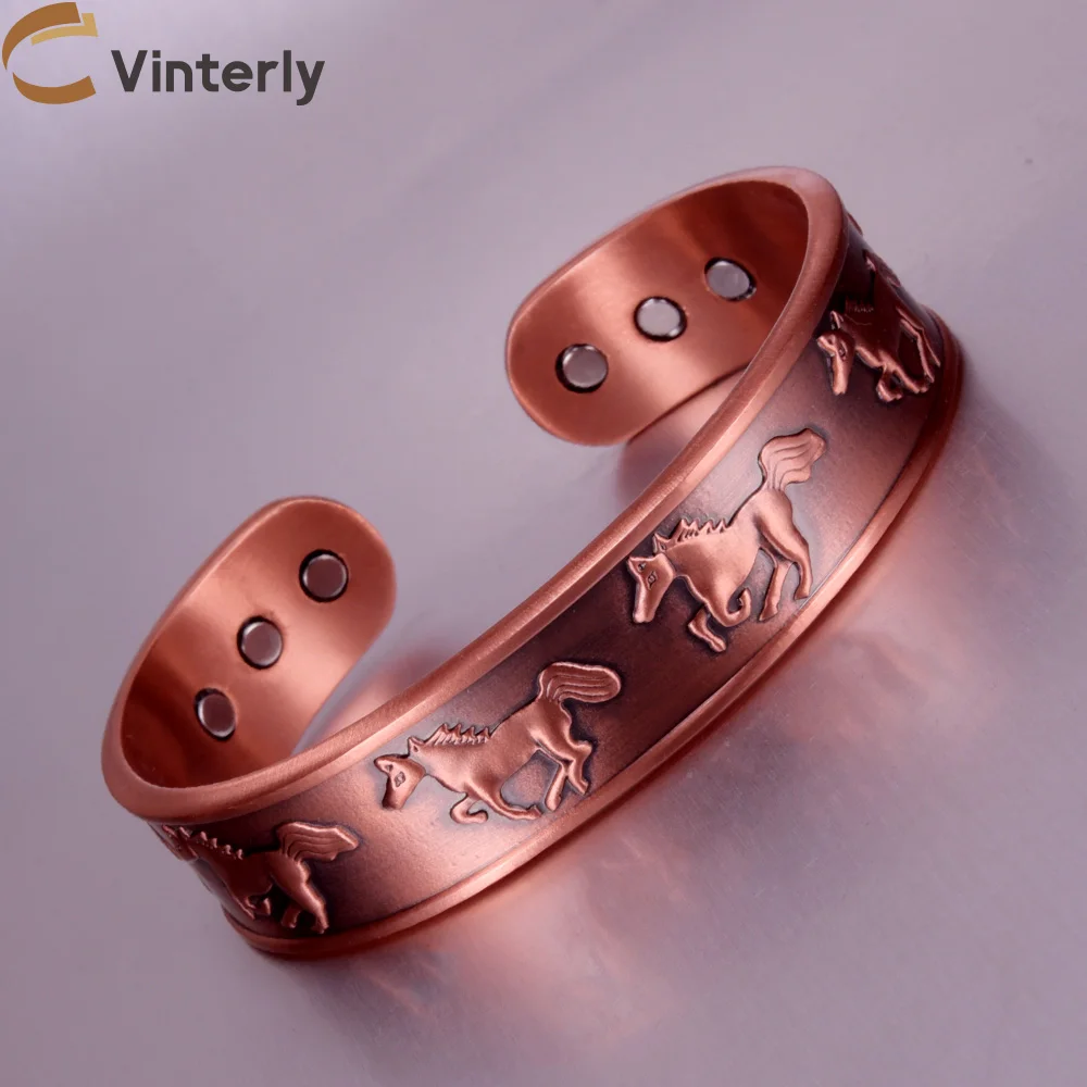 Vinterly Pure Copper Bracelets Horse Vintage Magnetic Therapy 15.5mm Wide Cuff Adjustable High Magnets Bangles Resizable Jewelry