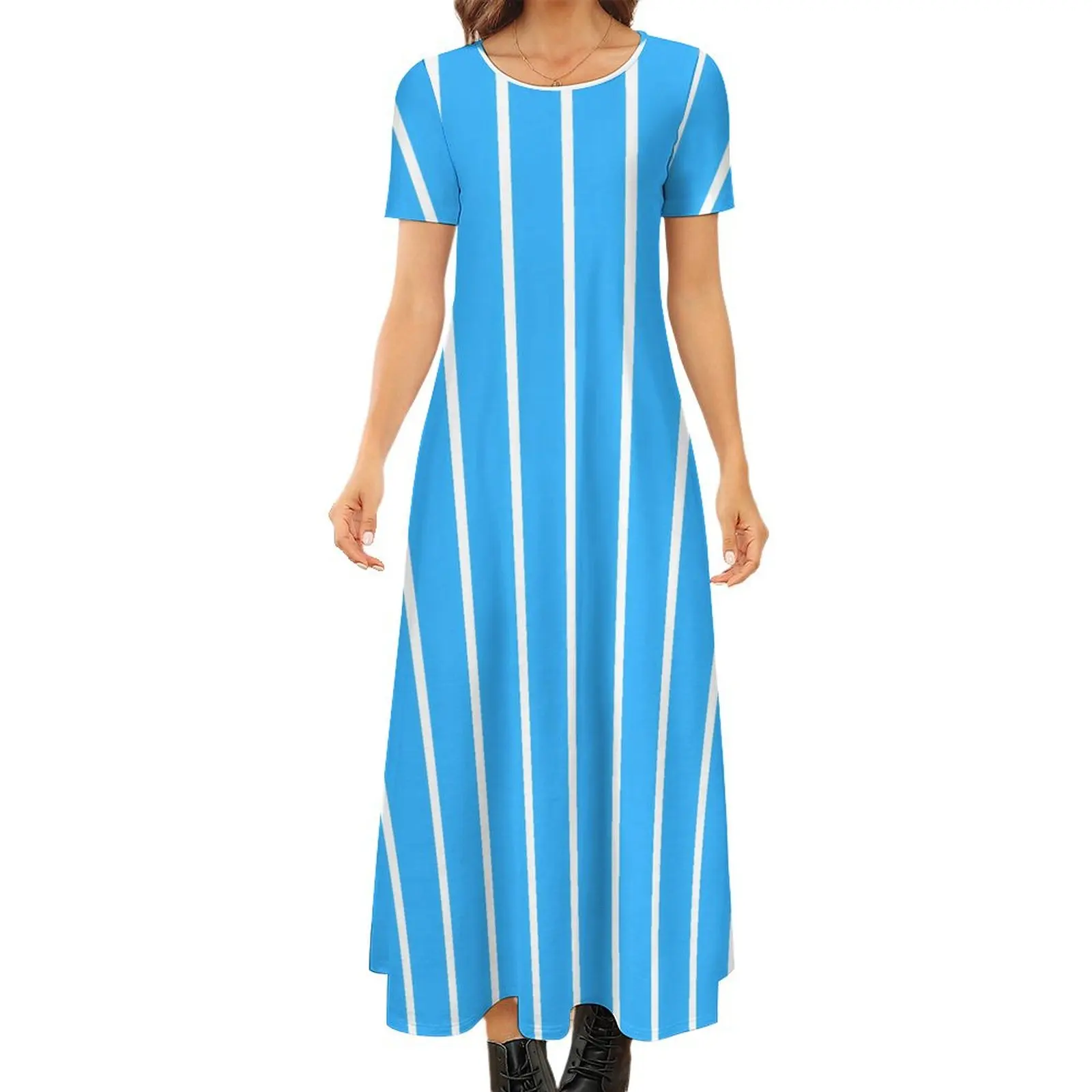 Abito a righe verticali Abito lungo moderno blu e bianco Manica corta Streetwear Boho Beach Abiti lunghi Vestido oversize femminile