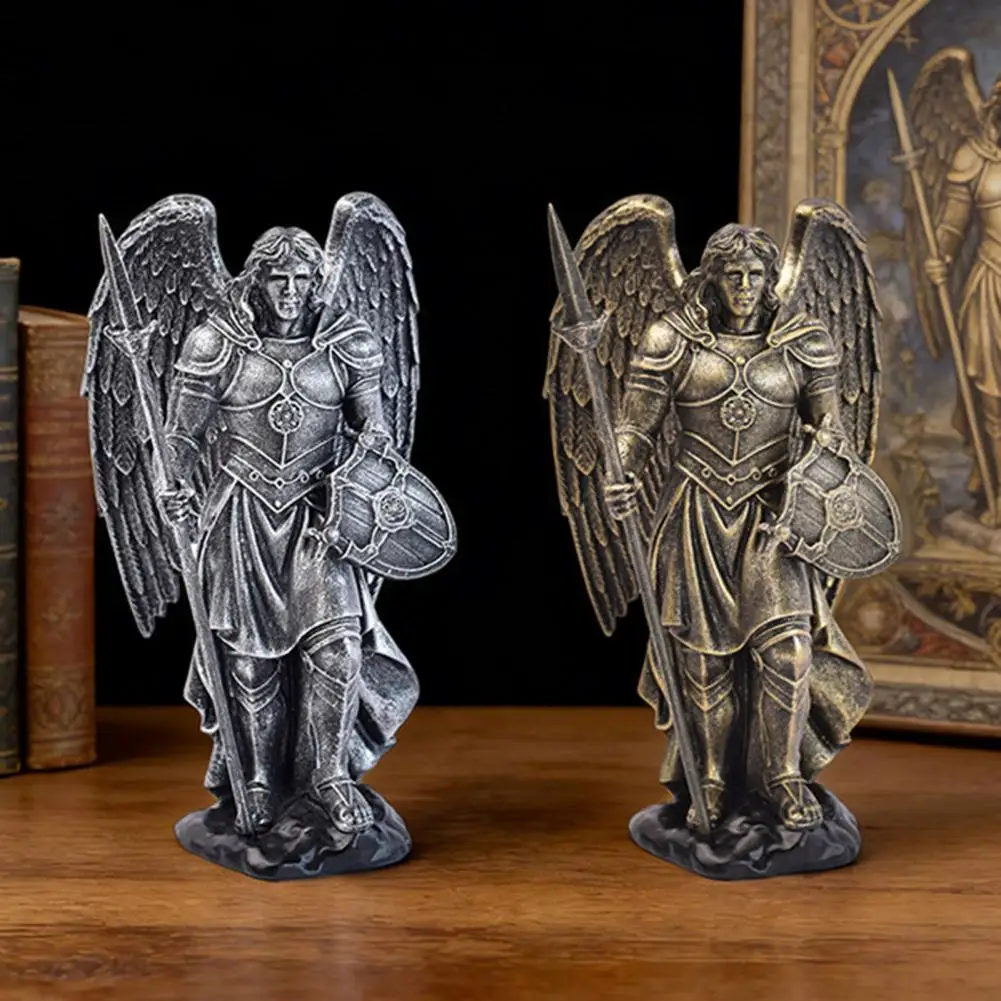Angel Resin Ornament Armor Pattern Angel Decor Angel Resin Statue Winged Soldier Figurine with Weapons Retro Bronze for Office