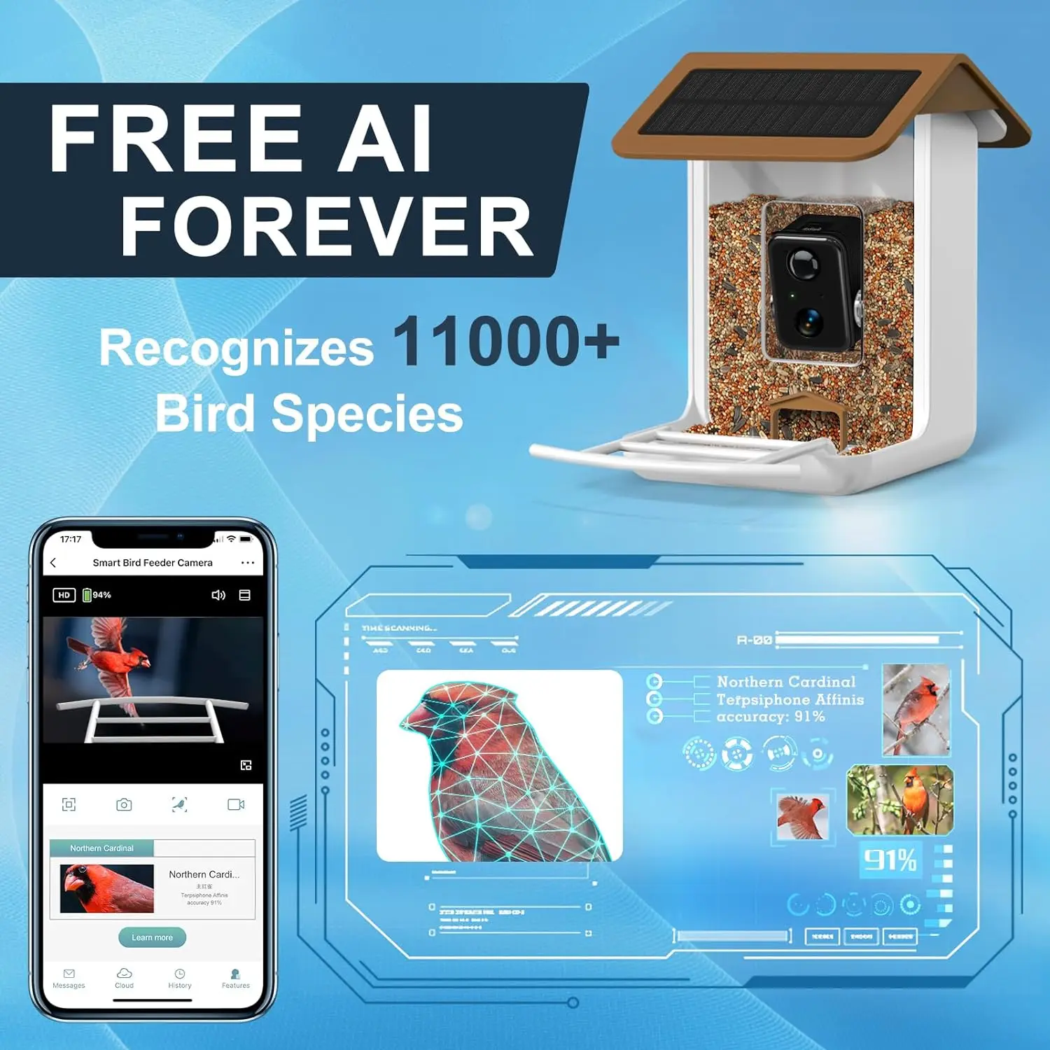 Intelligent bird feeder camera, free AI Forever, 32G TF card and 1080P high-definition camera automatically capture bird videos