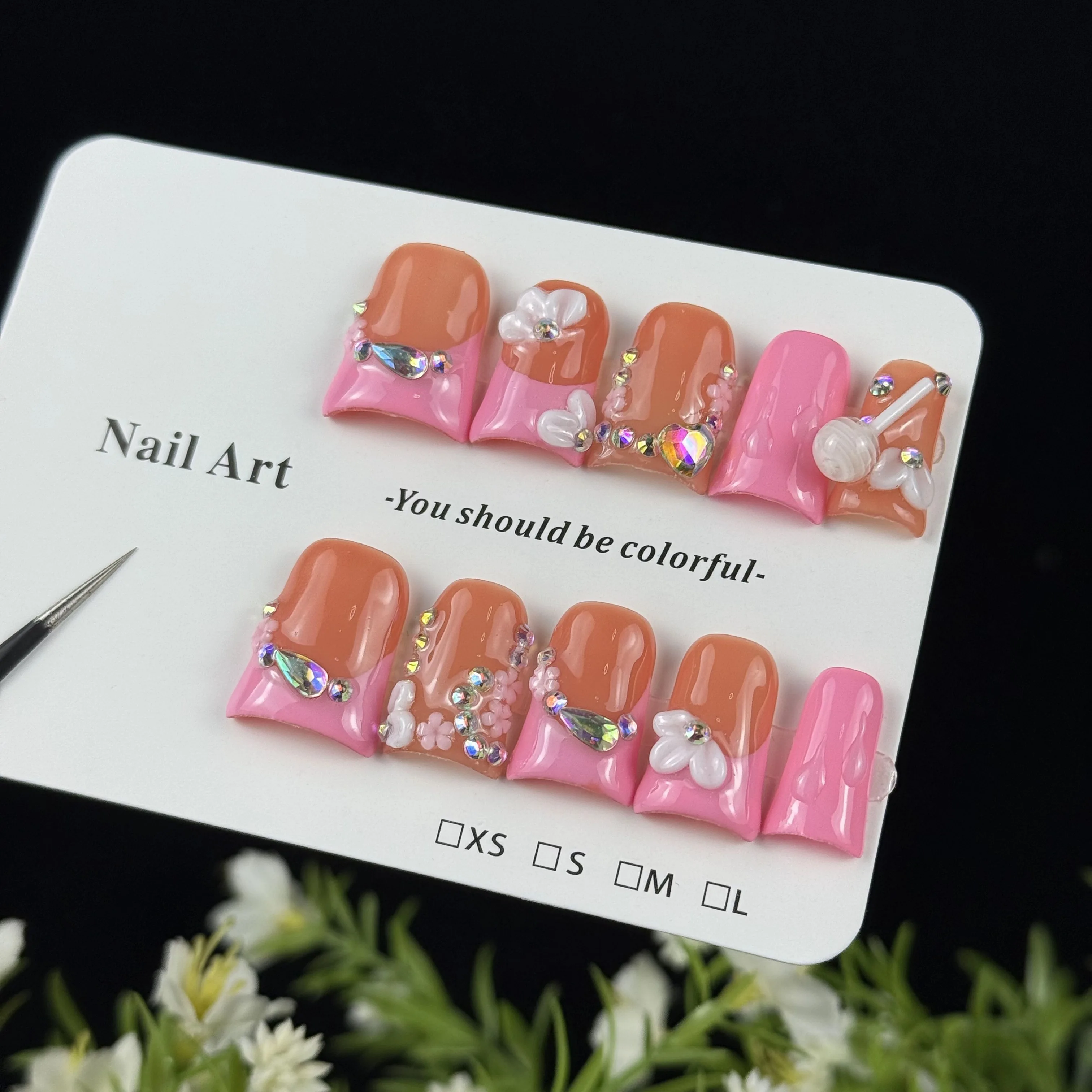 10 pièces haut de gamme style doux et épicé, peint à la main sculpté, sucette tridimensionnelle, diamant en forme de coeur, pile étincelante