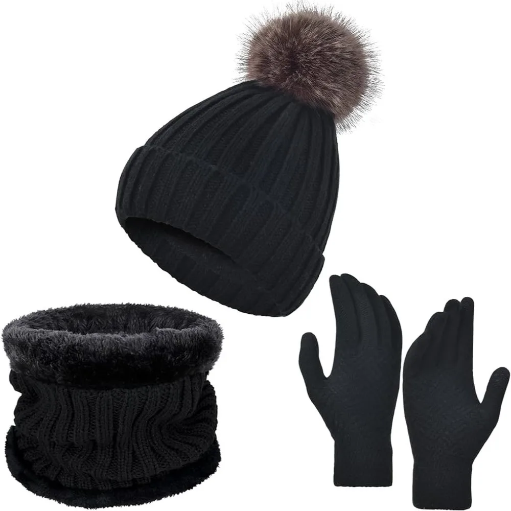 3Pcs/Set Warm Winter Hat Scarf Gloves Set Thicken Windproof Scarf Neck Warmer Elastic Lining Knit Beanie Snood Set