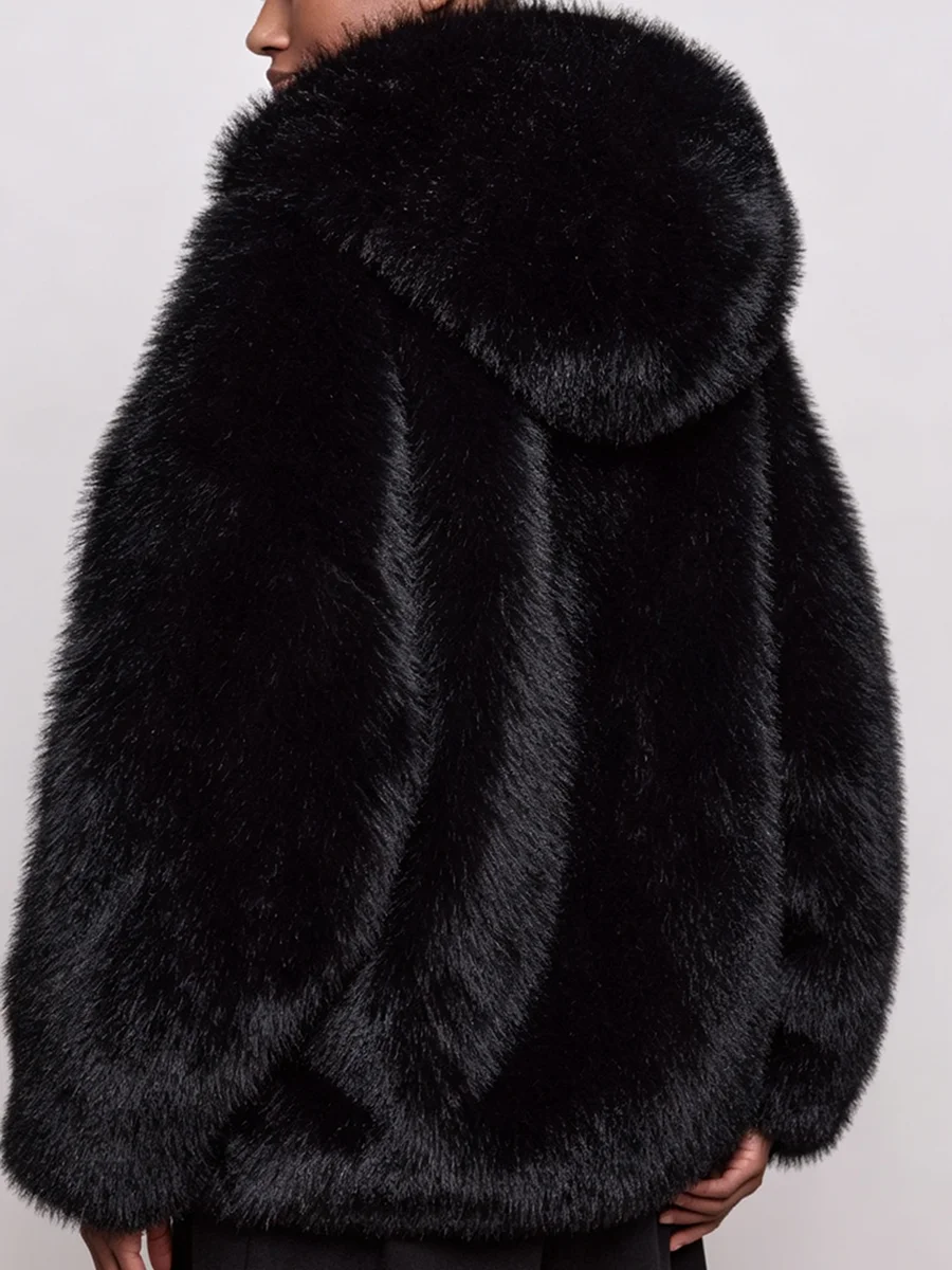 PUAL   Women Faux Fox Fur Hooded Coat Thick Warm Winter Plush Jacket Ladies Solid Black Fluffy Outerwear