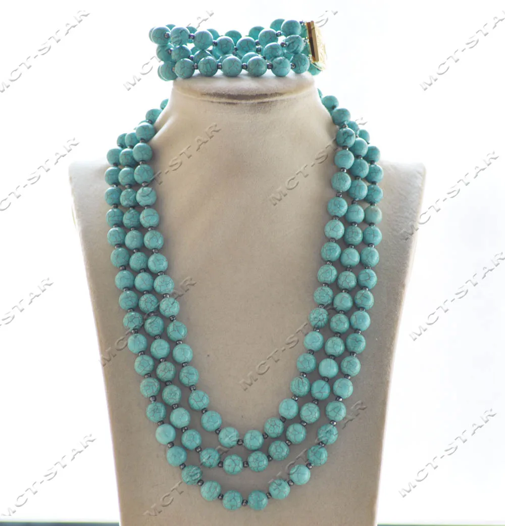 MTC·STAR  Z12870 3Row 10mm Blue Round Turquoise Faceted Hematite Necklace Bracelet