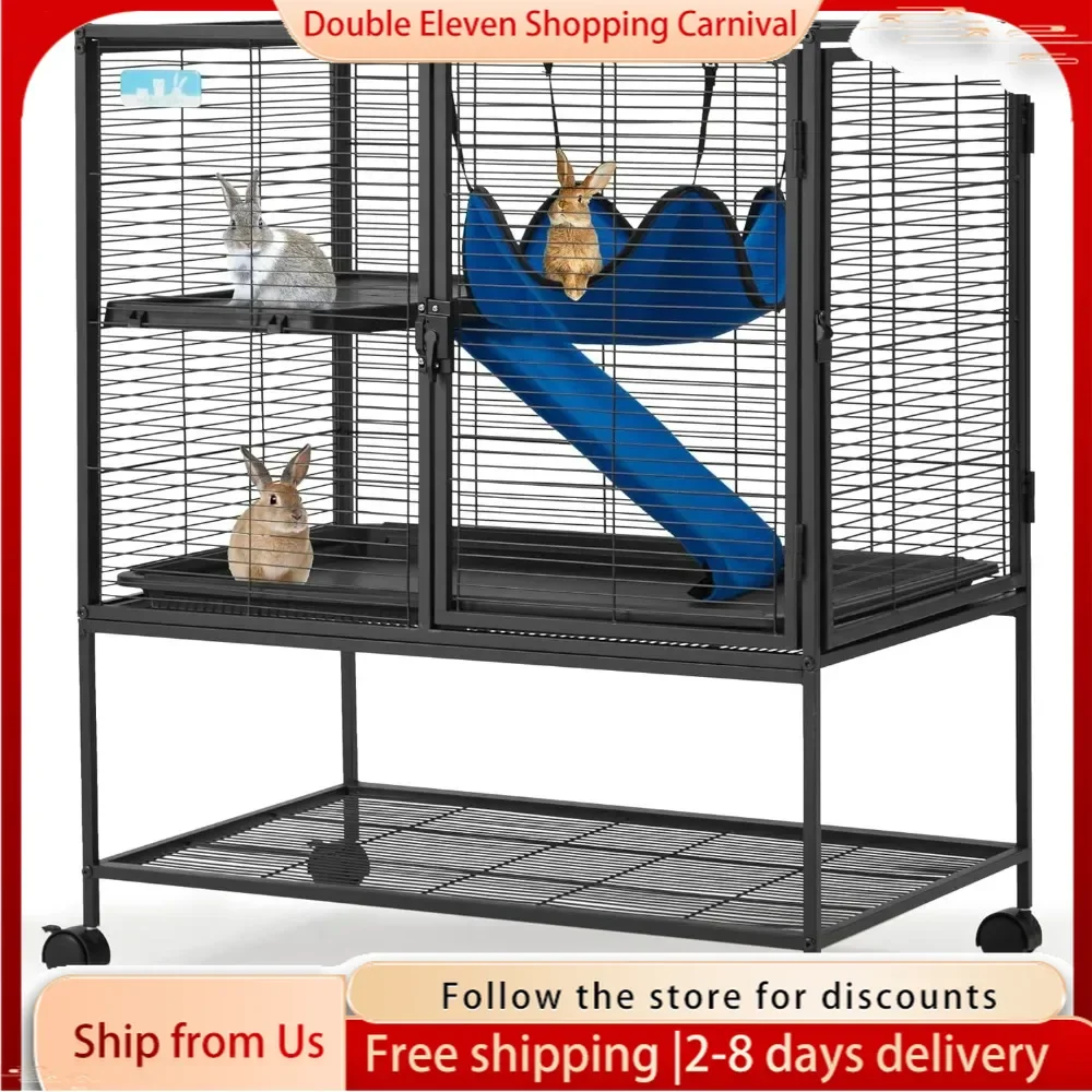 36.5''H Large Metal Rolling Ferrets Cage, 2-Tiers Small Animal Cages, Critter Nation Cage for Rats/Chinchillas,