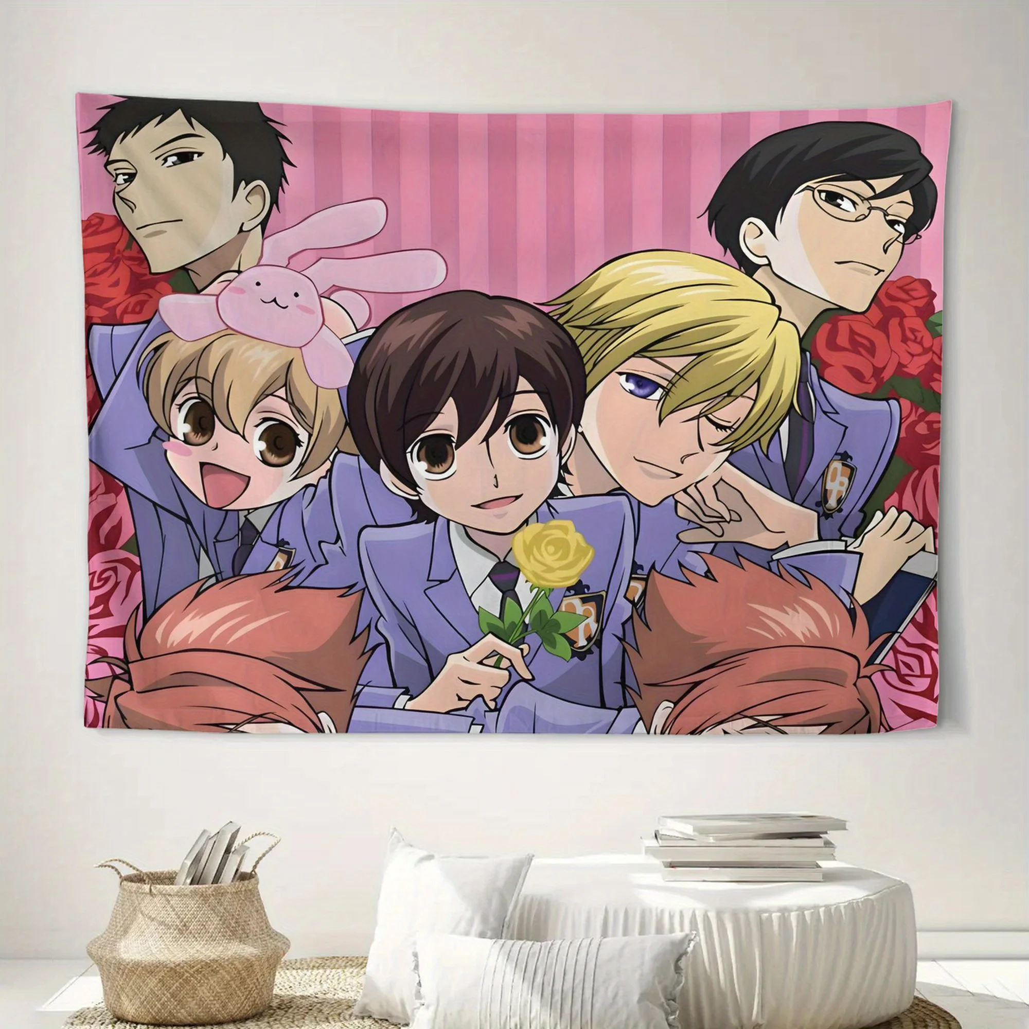 Tapiz Minimalista del Club de Anfitriones de la Escuela Secundaria Ouran - Diseño Vibrante de Anime con Rosas y Corazones, Colgante Horizontal