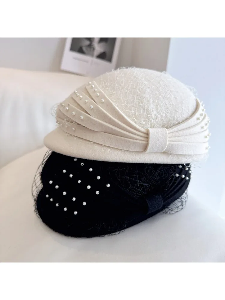 100% Wełna Małe Czapki Dla Luksusowych Kobiet Eleganckie Berety 2024 Zimowa Ceremonia Ślubna Czapka Kościół Kwiat Panie Filc Fedoras — zdjęcie 2