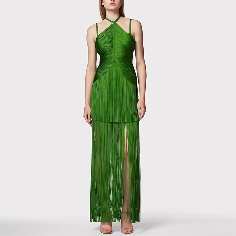 Green Sexy Halter spaghetti-straps Evening Dresses Tassel Bodycon Long Dress Elegant Evening Party Prom Dress Customized