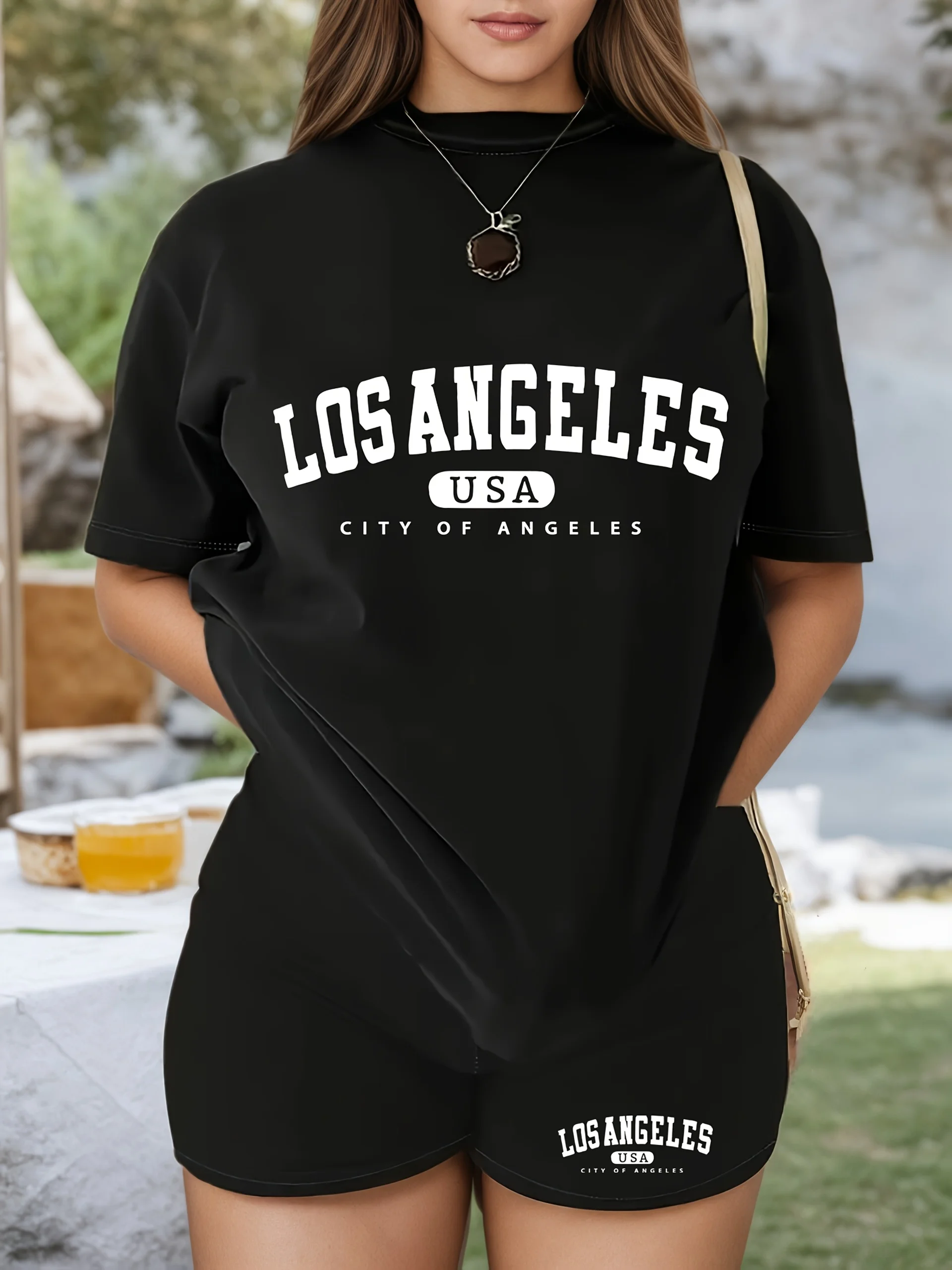 

Printed two-piece set, women's casual round-neck short-sleeved t-shirt and shorts summer clothing for women