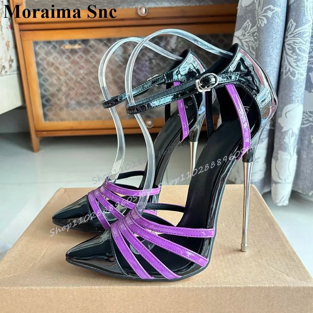 Mixed Metal Heel Narrow Strap Sandals Thin High Heel Women Shoes Ankle Buckle Strap Pointed Toe 2025 Fashion Zapatos Para Mujere