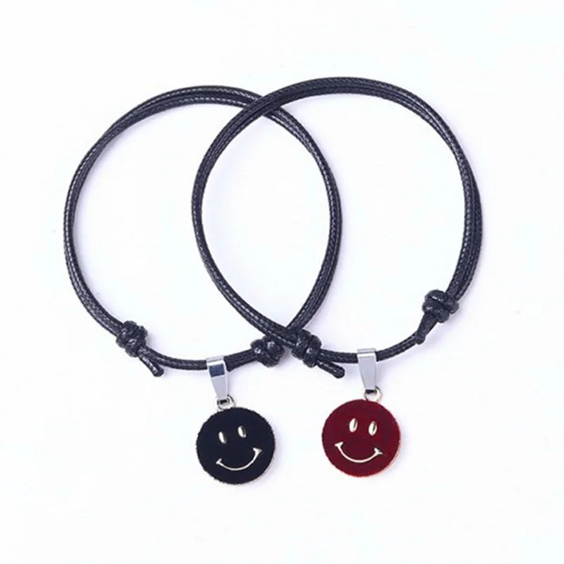 Smiling Face Bracelets Couple Charm Bracelet Black Rope Bracelets For Lovers Students Gifts DIY Handmade Jewelry 2Pcs/Set