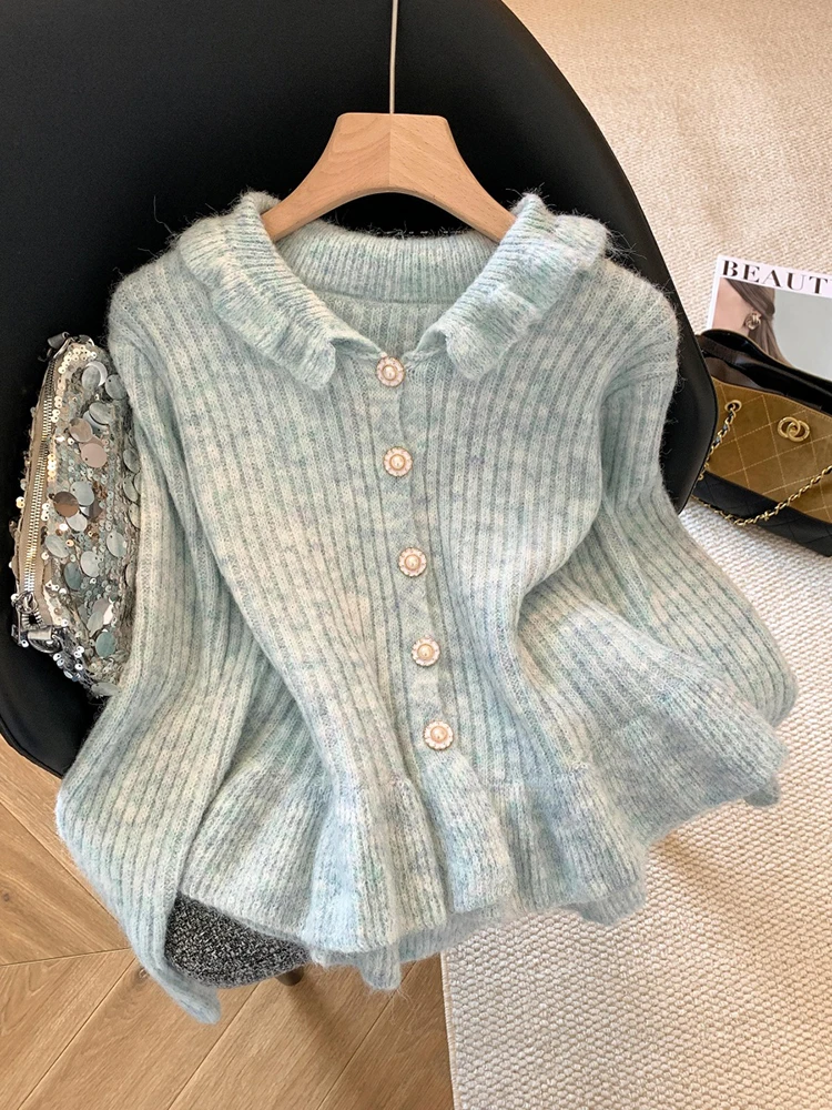 

Маленький ароматный стильный вязаный кардиган с воротником в виде грибов и длинными рукавами, женский осенне-зимний новый элегантный облегающий топ