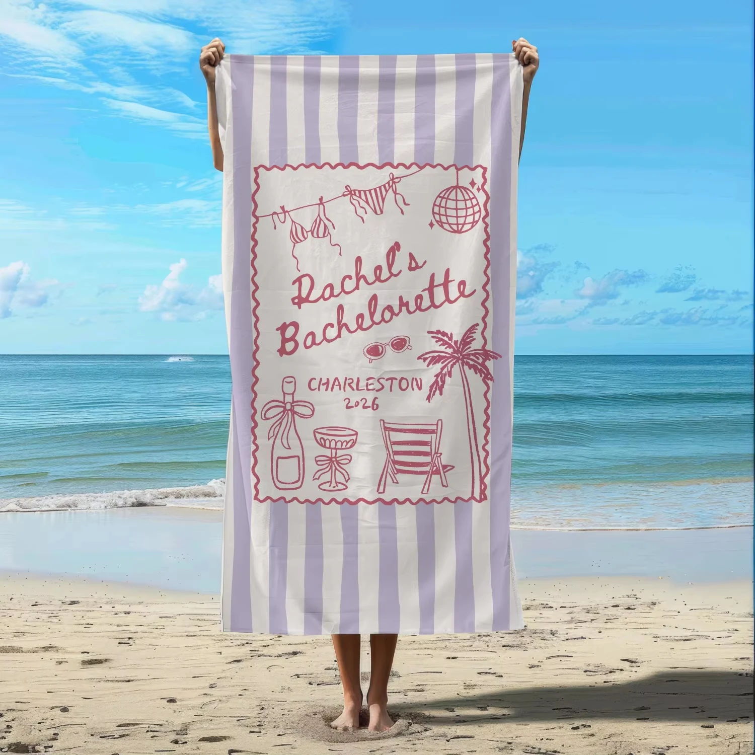 Pink Stripe Beach Towel for Women Cute Coastal Party Bachelorette Summer Gym Sports Swimming Towel