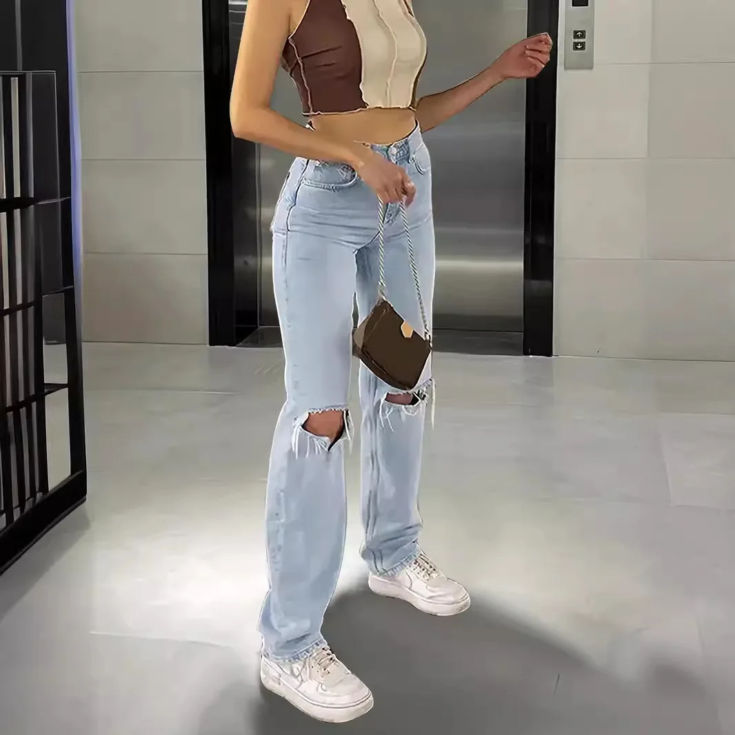 High quality women's high-waisted comfortable and loose wide-leg denim pants women's slimming distressed casual pants jeans