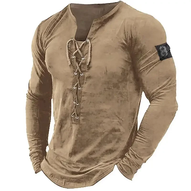 2023 New Men's Long Sleeve Henley Shirt Solid Color Leading Top Casual Beach Bottom Top