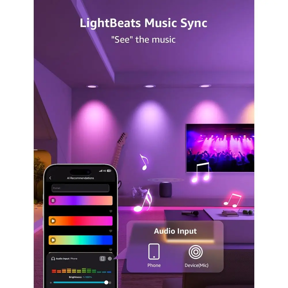 Luz LED Embutida de 6 Polegadas - Designer de Iluminação Personalizado com IA, Luzes Quentes Reguláveis que Sincronizam com Música, Downlights Inteligentes que Funcionam com Wi-Fi