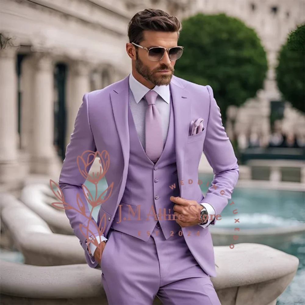 

Formal Elegant Suits for Men Stylish Violet 3 Piece Jacket Vest Panst Classic Slim Tailored Fit for Groom Wedding Dating Tuxedo