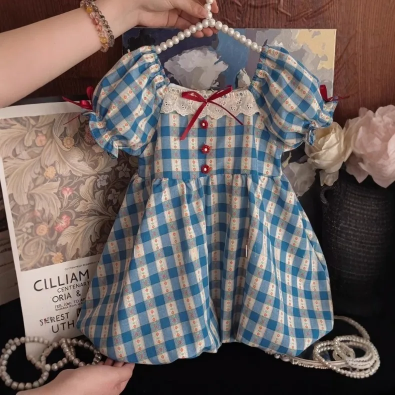(0-8 Jahre) Modische Karierte Prinzessinnenkleider für Babymädchen, Blaues Geburtstagsparty-Kleid, Sommerliches Mädchen-Freizeitkleid, Neuerscheinung – Detail 2
