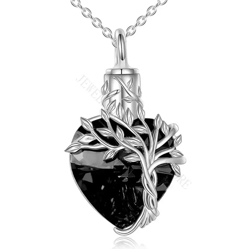 R7UF Life Tree Cremation Necklace For Pet Ashes or Human Remain Heart Shaped Design Stainless Steel Memorial Jewelry