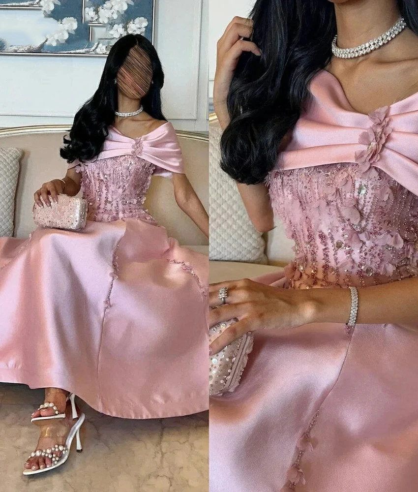 

Lzhk Customized Graceful Satin A-Line Off the Shoulder 3D Flowers Beading Sequined Crystal Evening Dress Delicate Prom Gowns