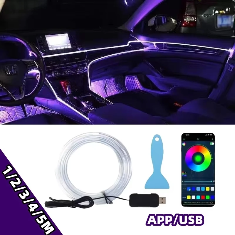 

Автомобильная RGB окружающая светодиодная лента Гибкая оптоволоконная неоновая атмосфера Внутреннее украшение Управление через приложение USB Внутреннее освещение автомобиля