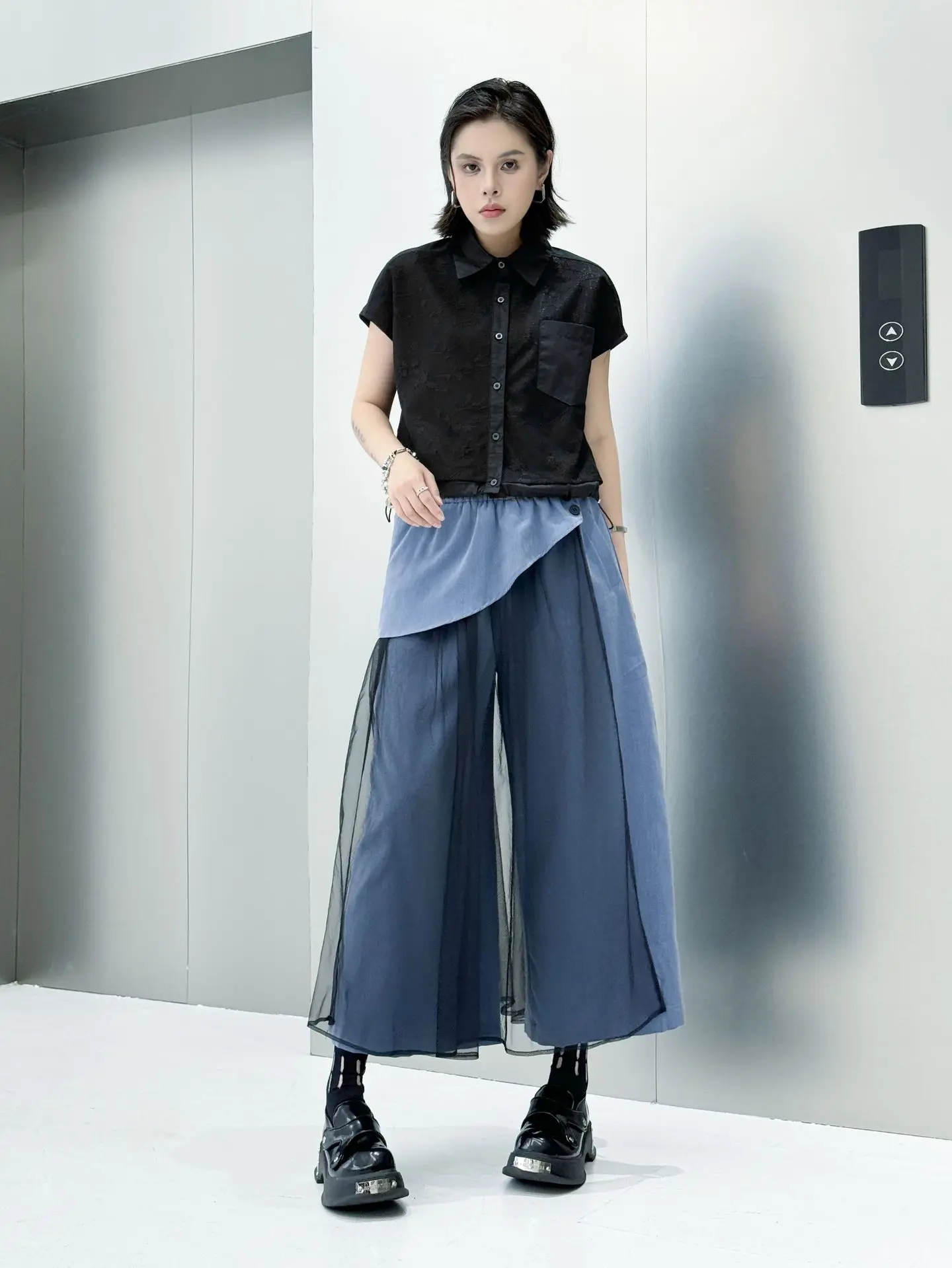 Personality Mesh Patchwork Design High Waist Wide Leg Pants Summer Woman Y2K Clothes Harajuku High Street Pants Pantalones