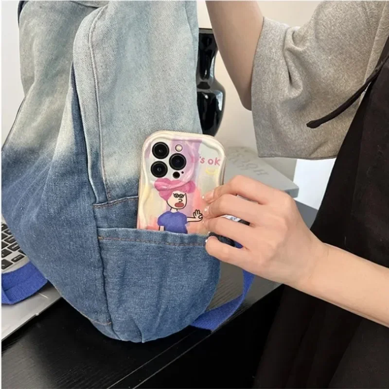 Hello Kitty New Student School Bag Fashionable High Quality Denim Backpack Cartoon Personalized Large Capacity Women\'s Backpack