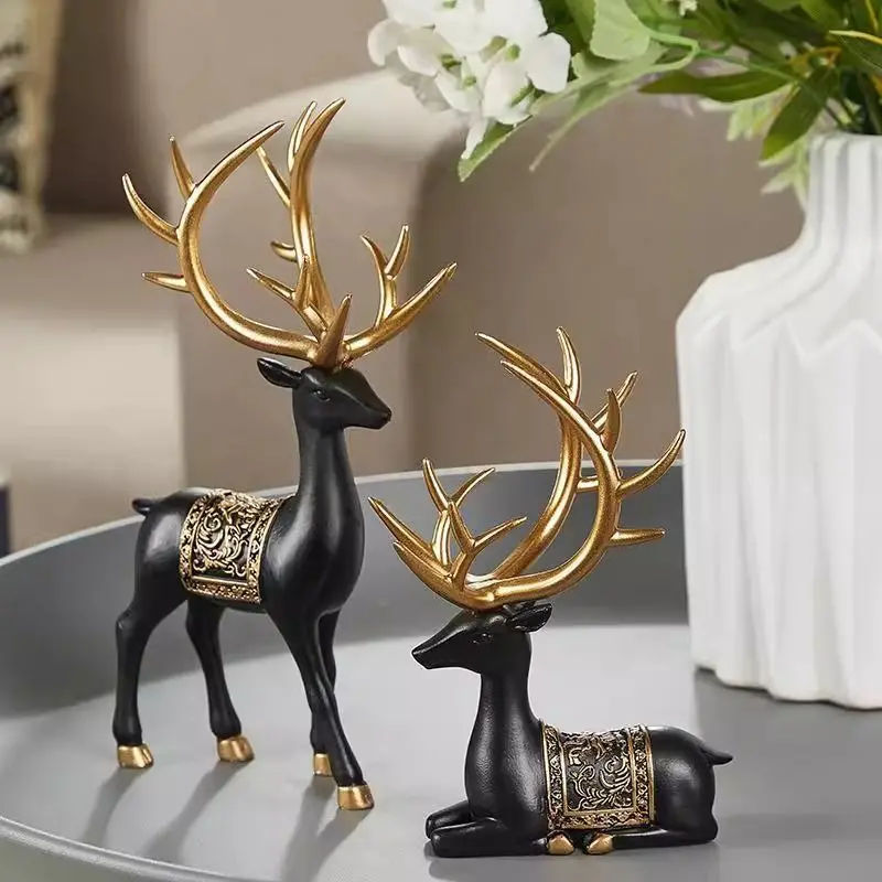 2Pcs/Set Resin Deer Figurine Elk Statue Reindeer Cute Deer Sculpture Christmas Home Desktop Car Dashboard Decoration Craft Gift