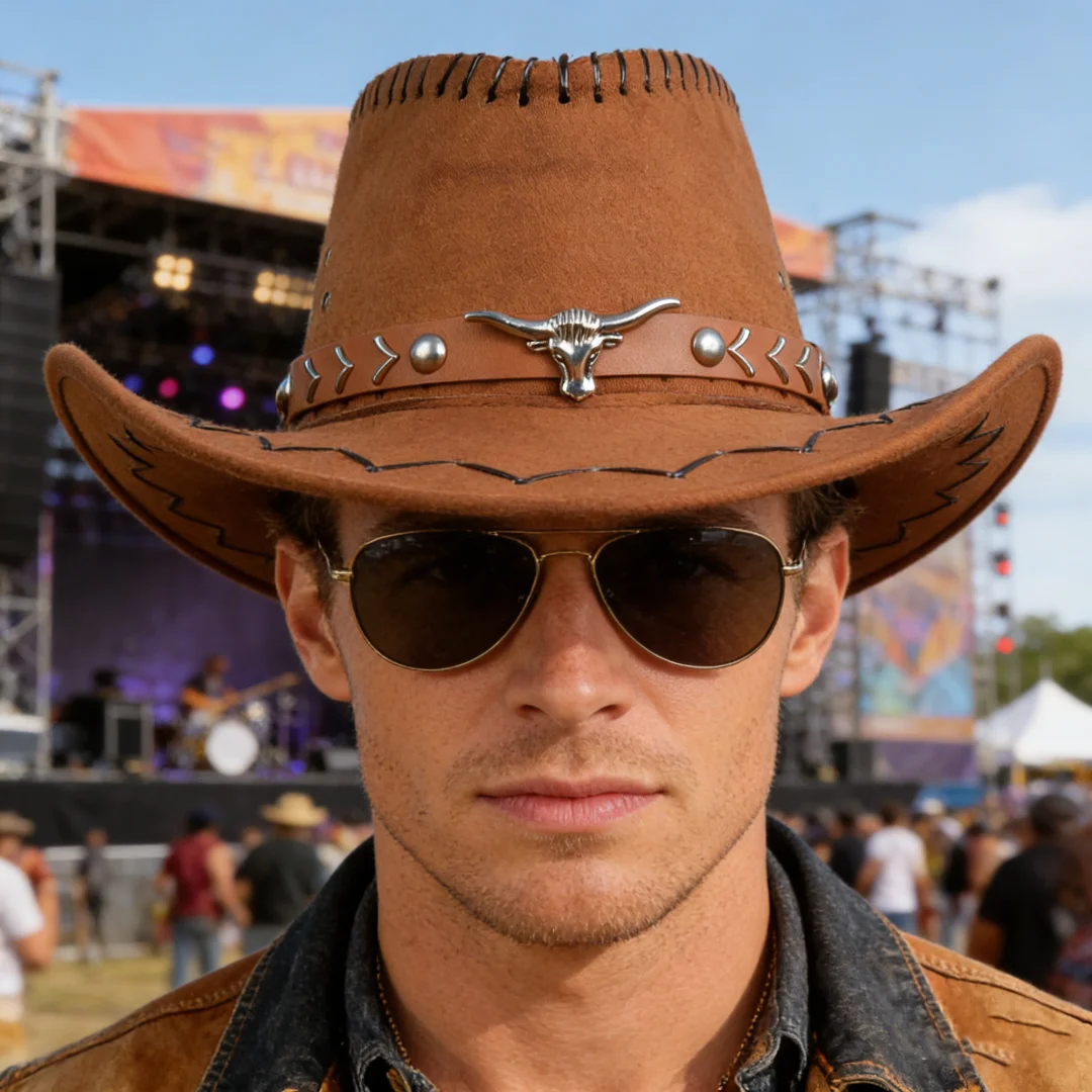 

Vintage Brown Faux Suede Western Cowboy Hat Bull Skull & Arrow Stitch Decor Wide Brim Unisex Cosplay Costume Accessory for Hallo