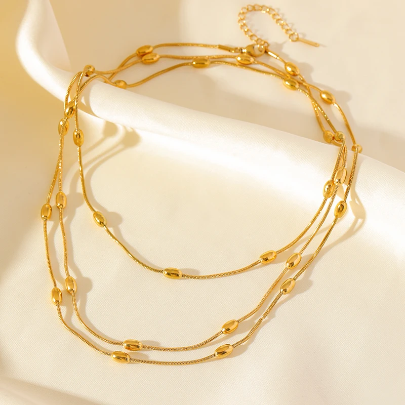 GANEMLY 316L Stainless Steel Multilayer Wearing Chain Necklace Bracelet Set For Women New Trendy Gold Color Waterproof  Jewelry