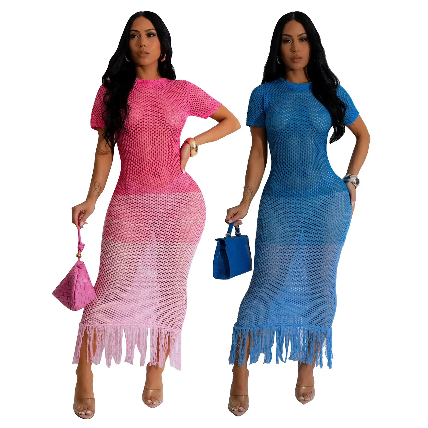 

2024 Patchwork Knitted Women Clothing Tie Dye Print Ladies Midi Dress Beach Holiday Tassels Dresses Women