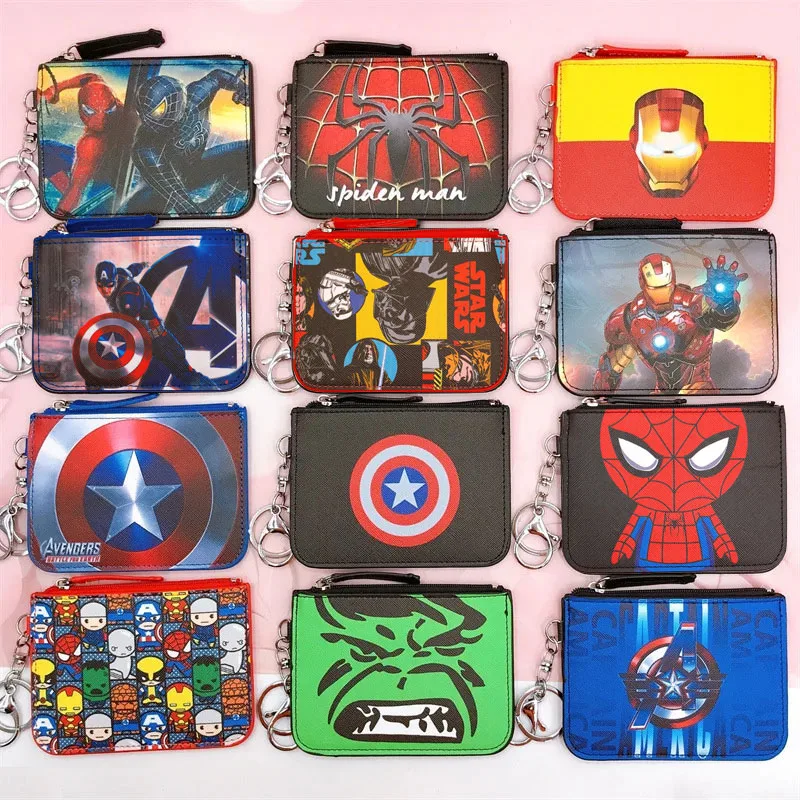 Marvel Avenger dompet koin anak-anak pemegang Spider-Man Captain America Print tempat kartu Tag nama dengan gantungan kunci tas kartu dompet