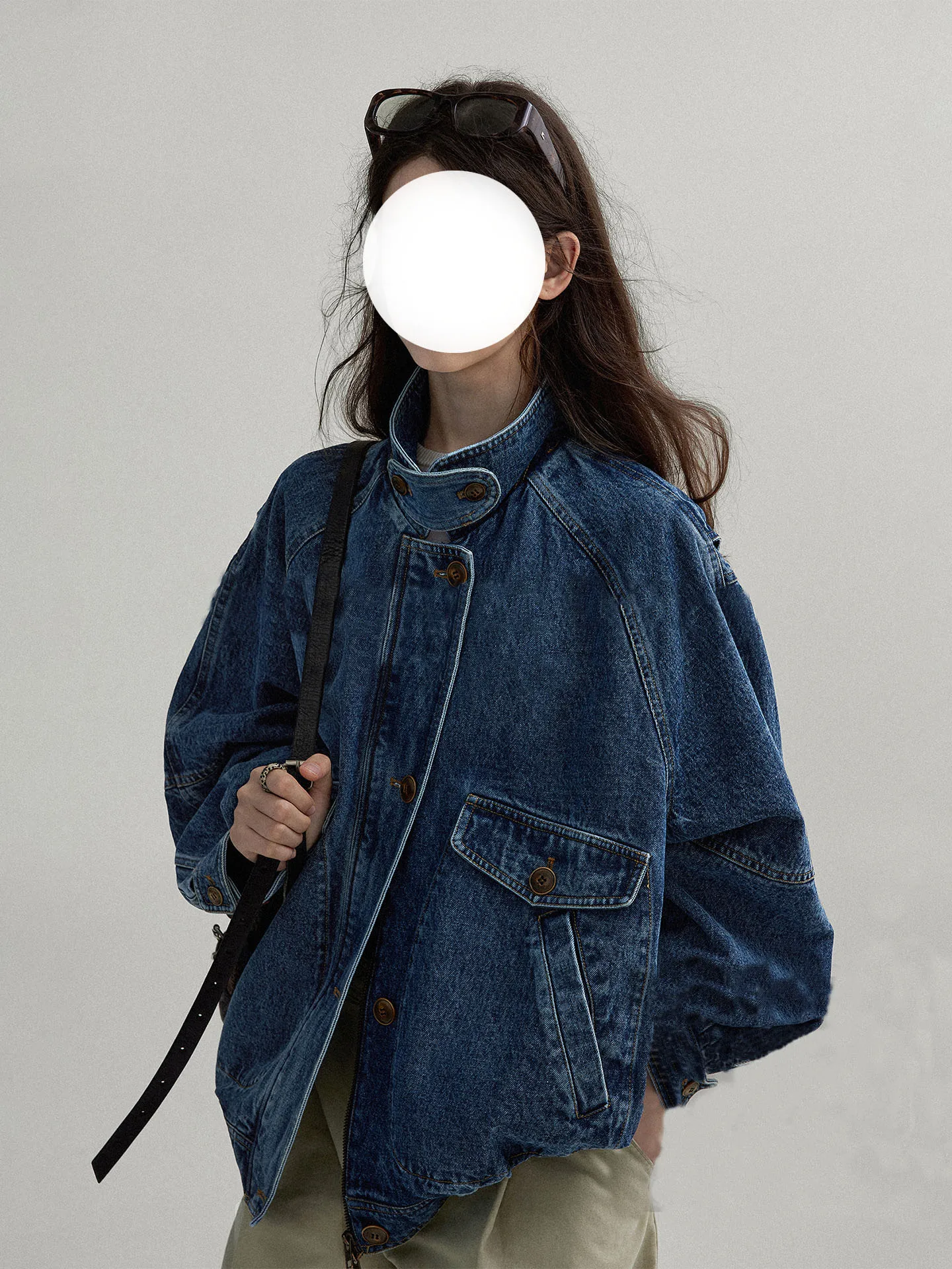 

Blue Women's Denim Jacket 2025 Early Autumn New Stand Up Collar Single Breasted Fashionable Temperament Pilot Jacket Top