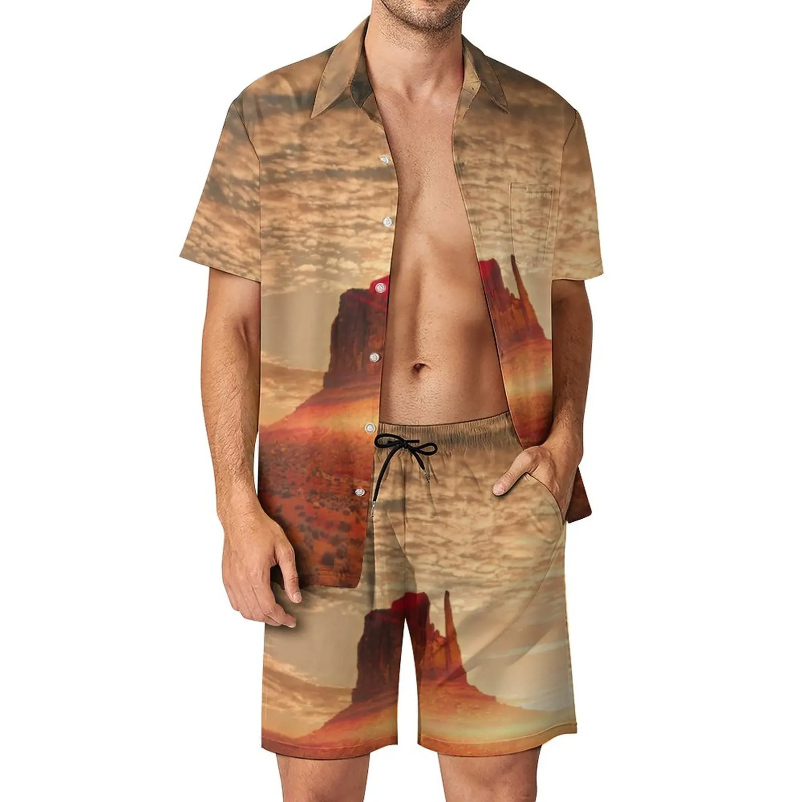 

Мужской летний костюм-рубашка с коротким рукавом и графическим принтом